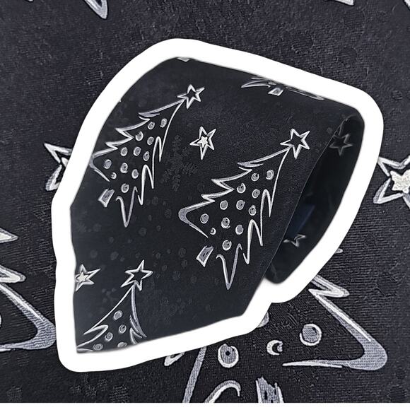 John Ashford Novelty Tie Mens Christmas Tree Star Silk Black 61.5" - Picture 1 of 6